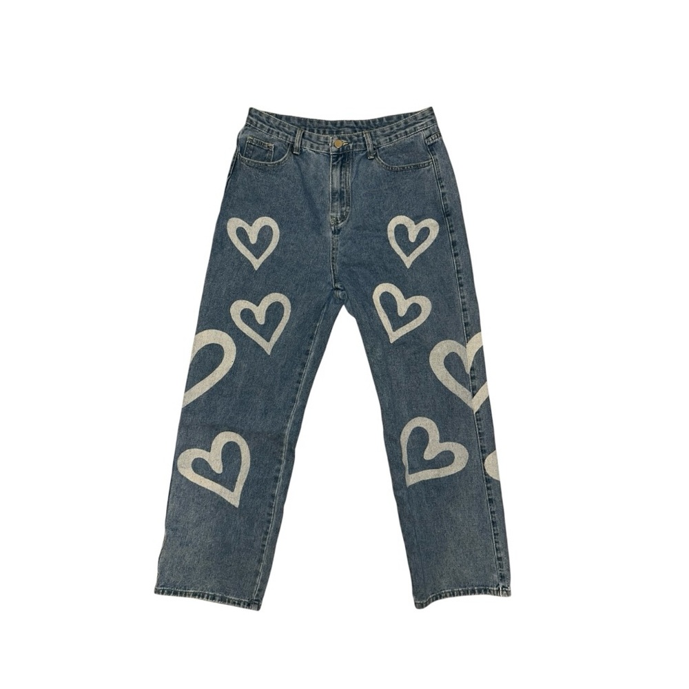 Cider Light Blue Wide Leg Jeans with White Heart Print size xl - Picture 2 of 4